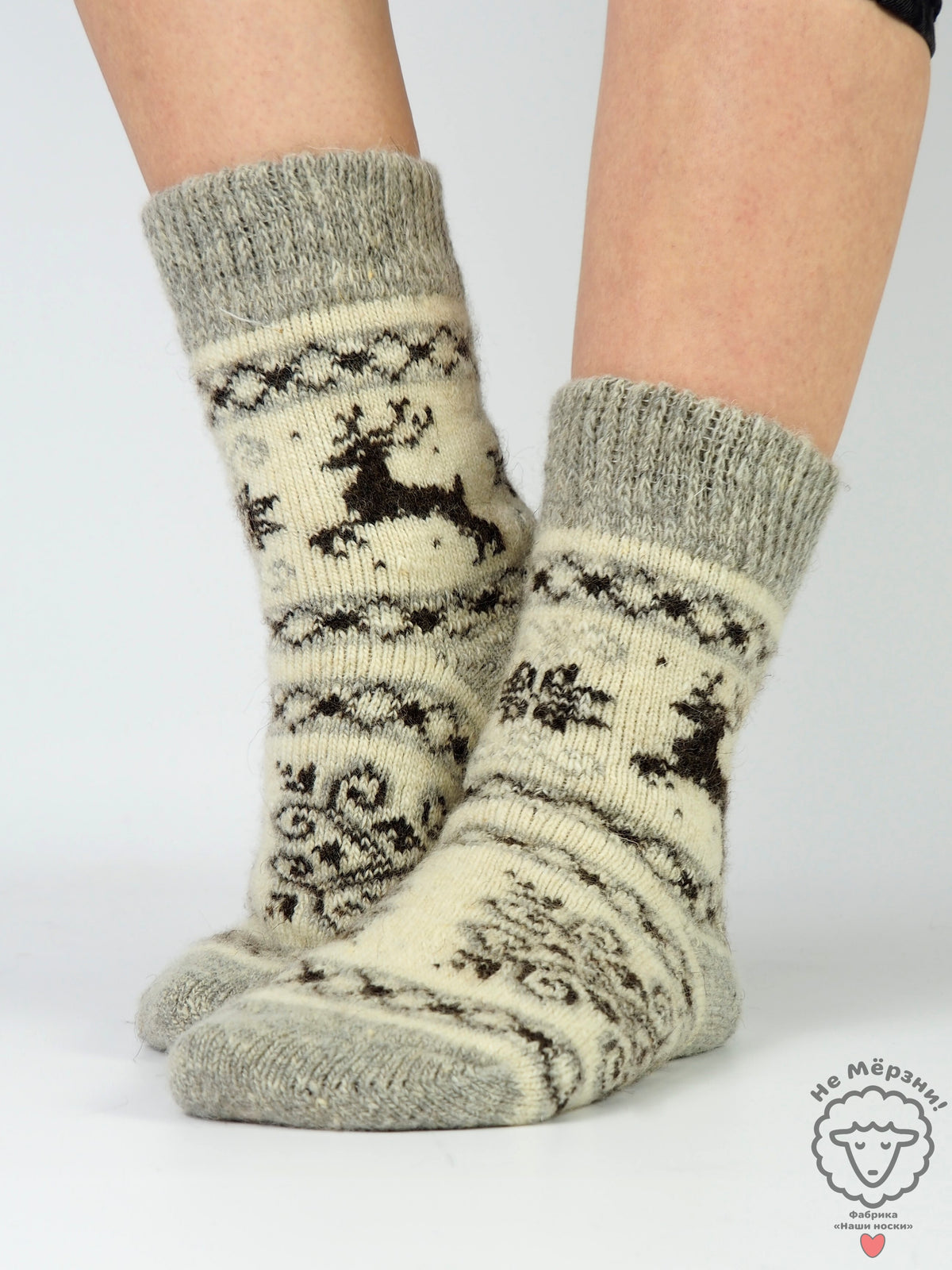 Deer Pattern Wool Socks, Cream
