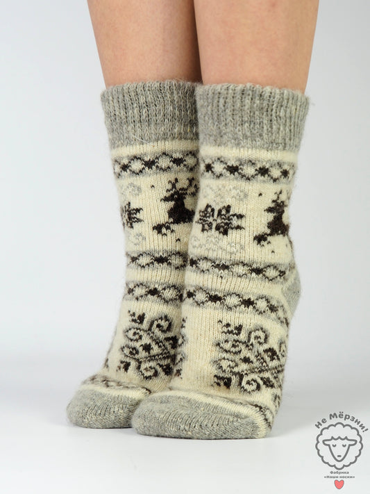 Deer Pattern Wool Socks, Cream