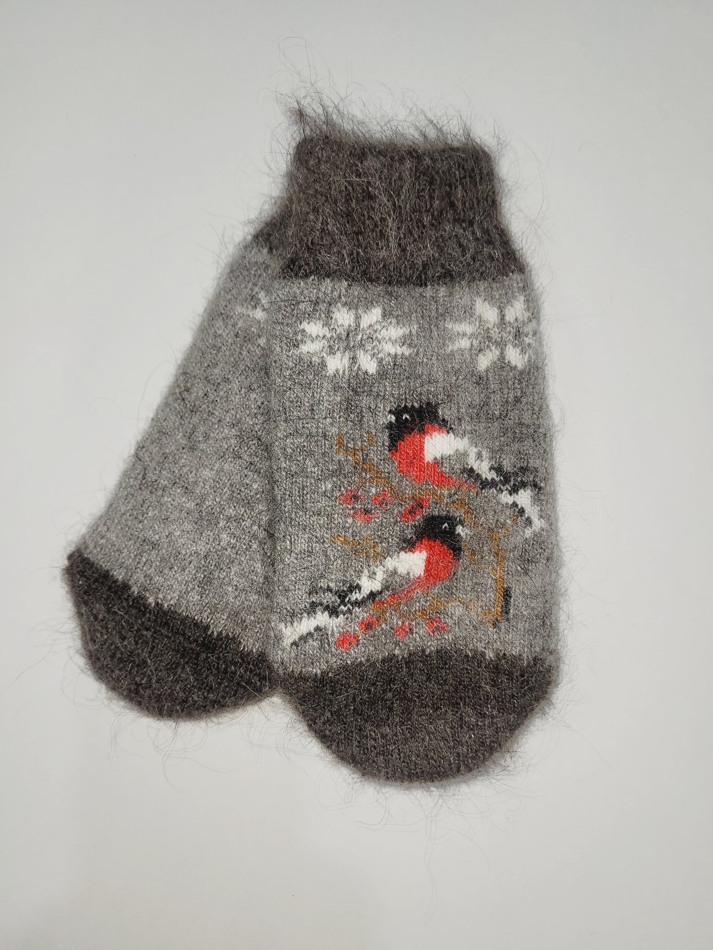 Bullfinch Branch Wool Mittens, Grey