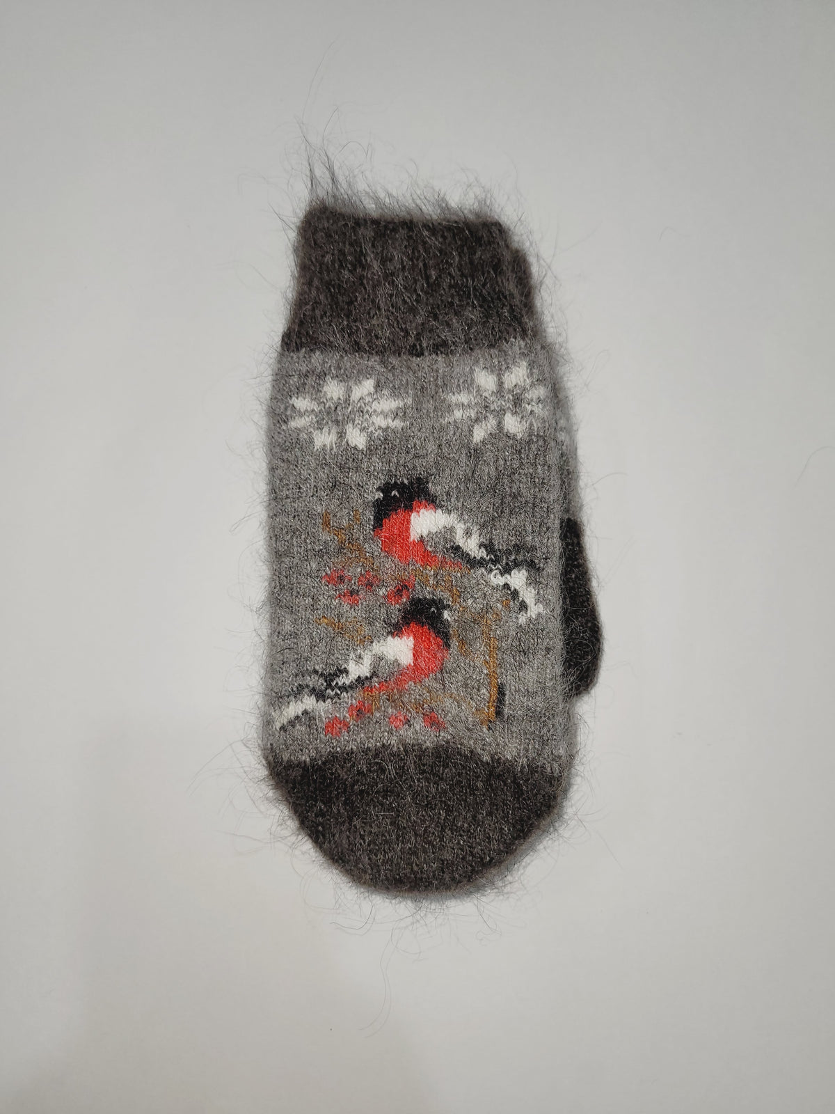 Bullfinch Branch Wool Mittens, Grey