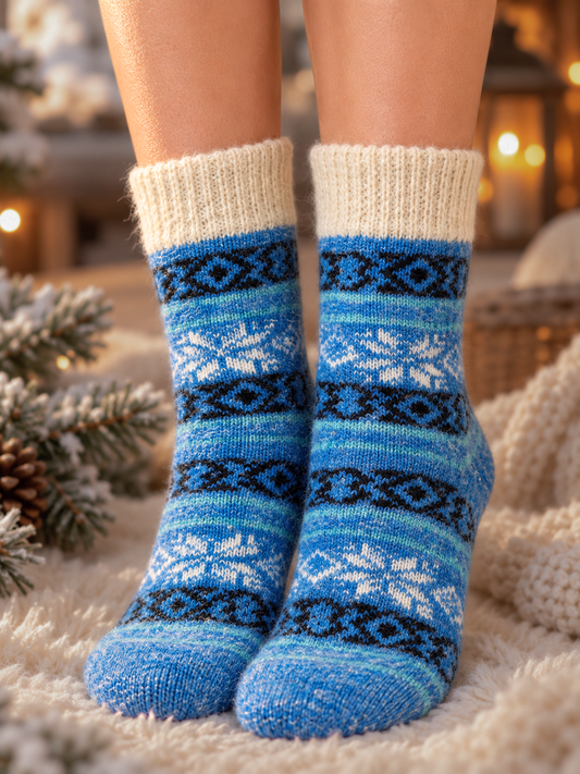 Snowflake Wool Socks, Blue