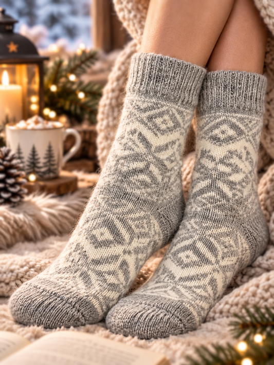 Snowflake Wool Socks, Grey