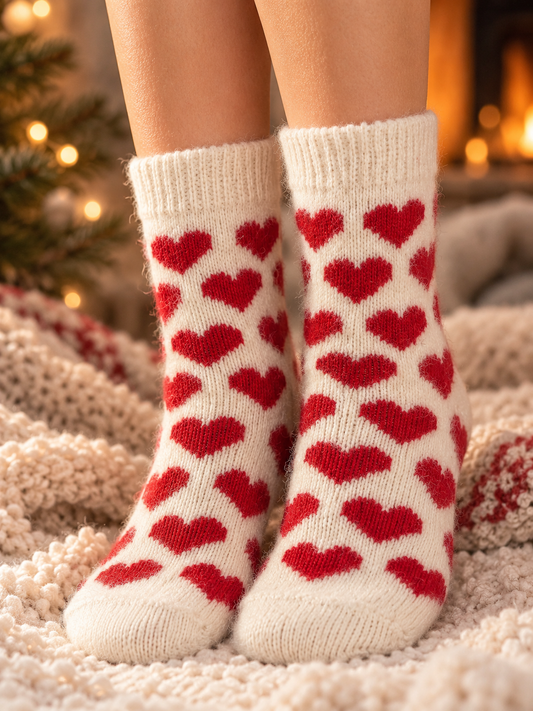 Heart Wool Socks, Red
