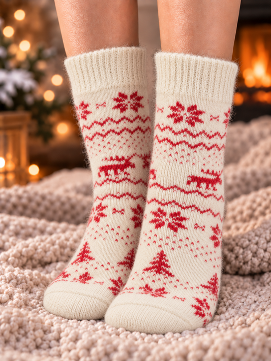 Tree & Snowflake Wool Socks, White