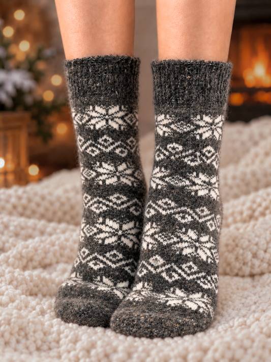 Snowflake Wool Socks, Dark Grey