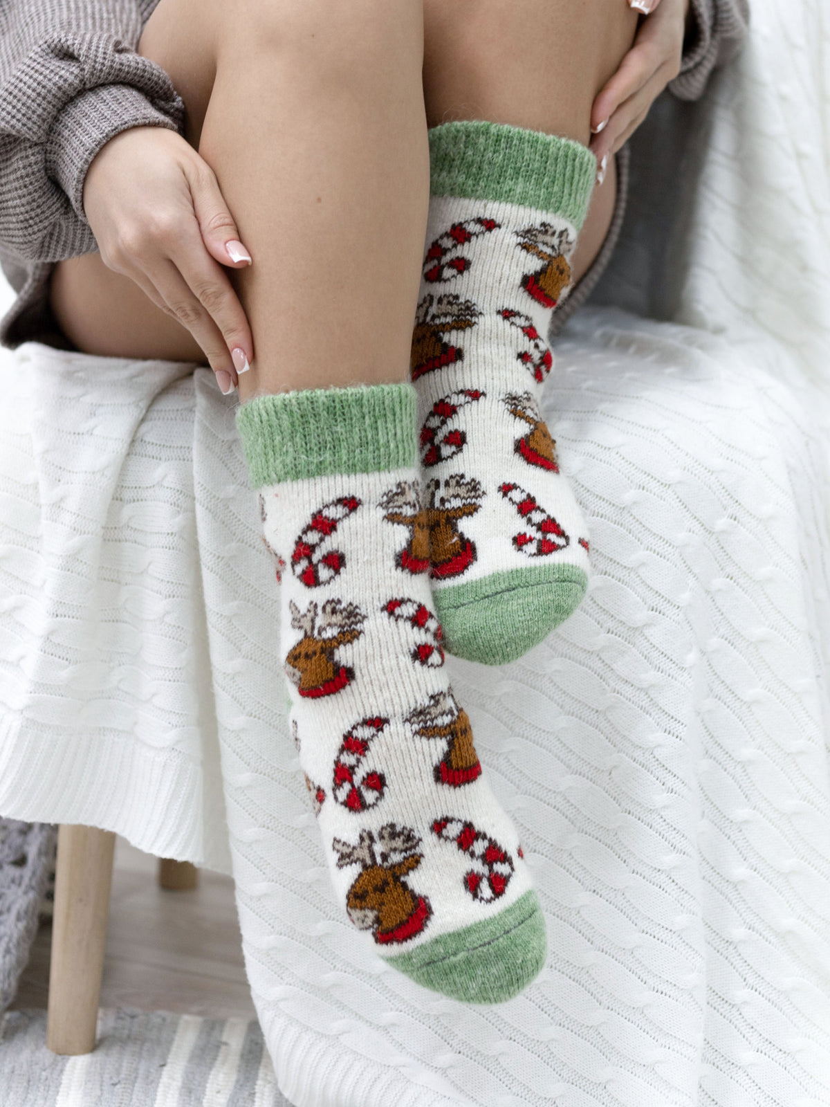 Christmas Reindeer Wool Socks, Cream