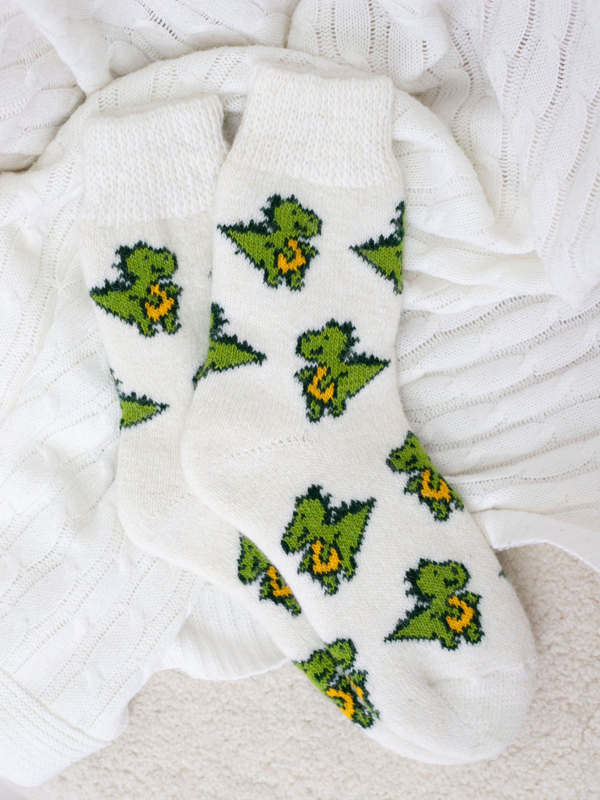 Dinosaur Wool Socks, Cream