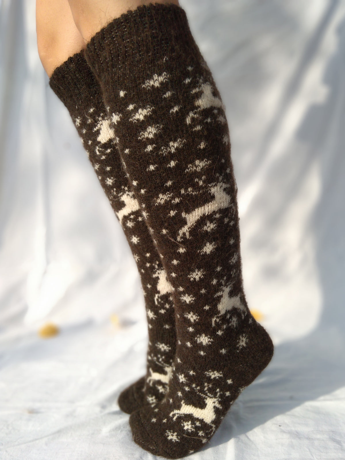 Deer & Snowflake Wool Knee-High Socks