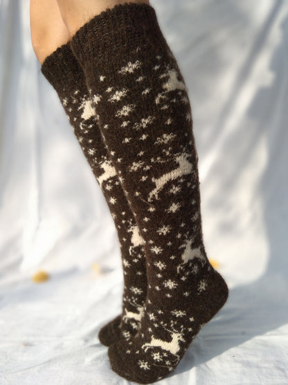 Deer & Snowflake Wool Knee-High Socks