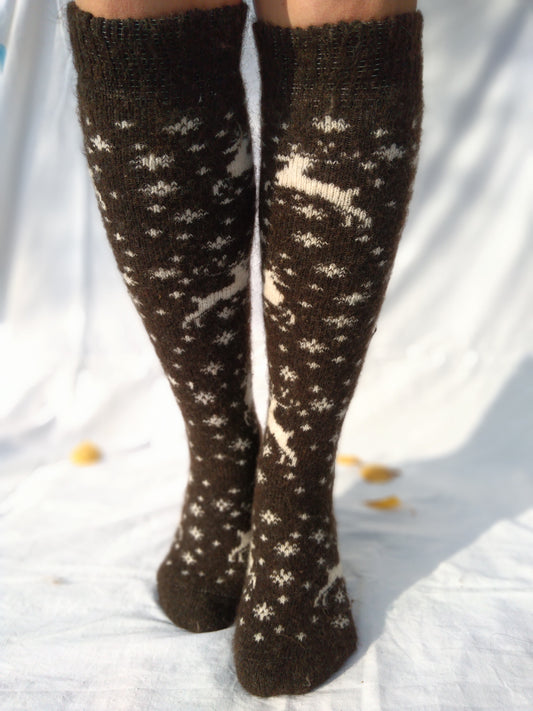 Deer & Snowflake Wool Knee-High Socks
