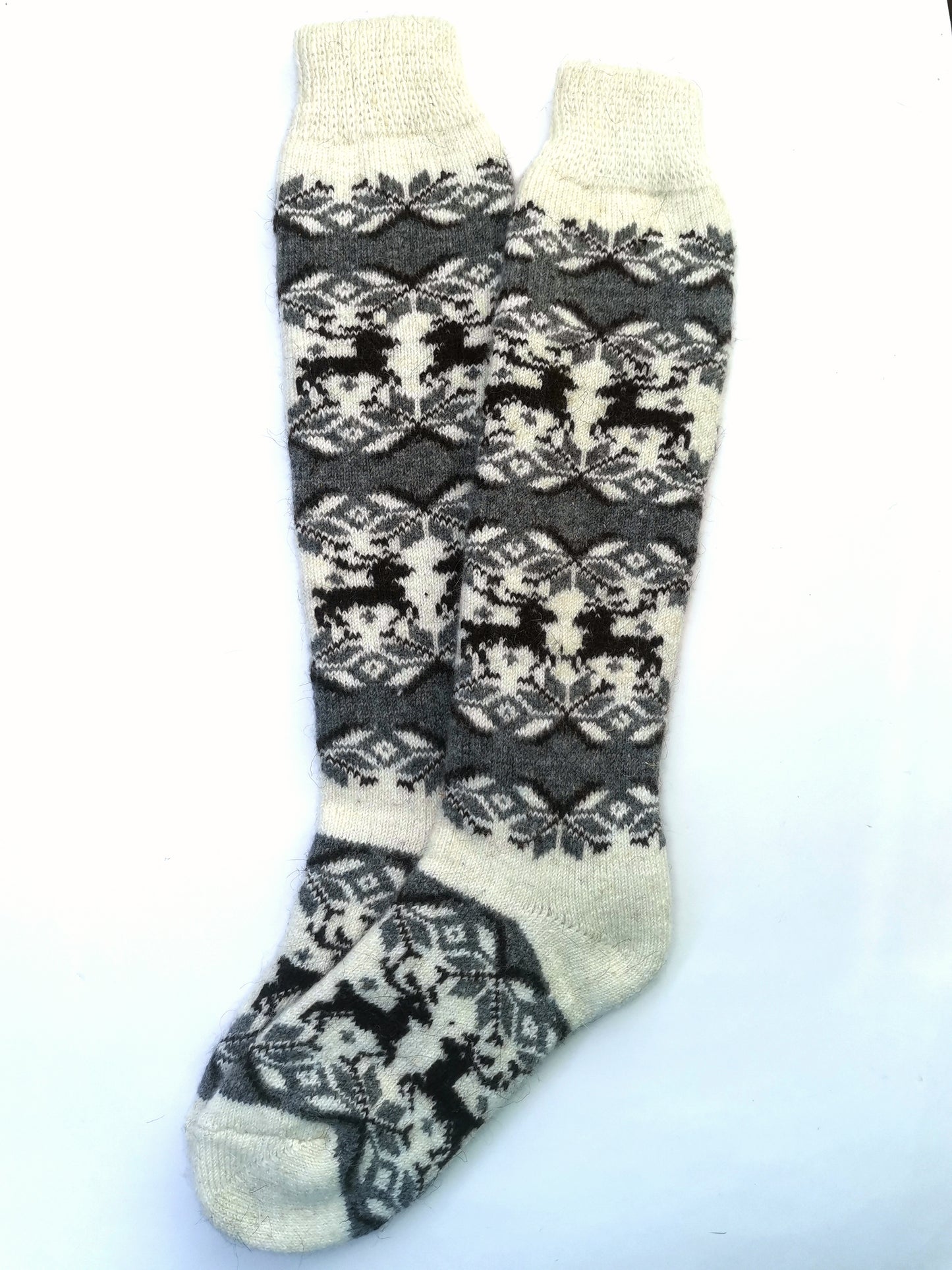 Deer & Diamond Wool Knee-High Socks, Cream