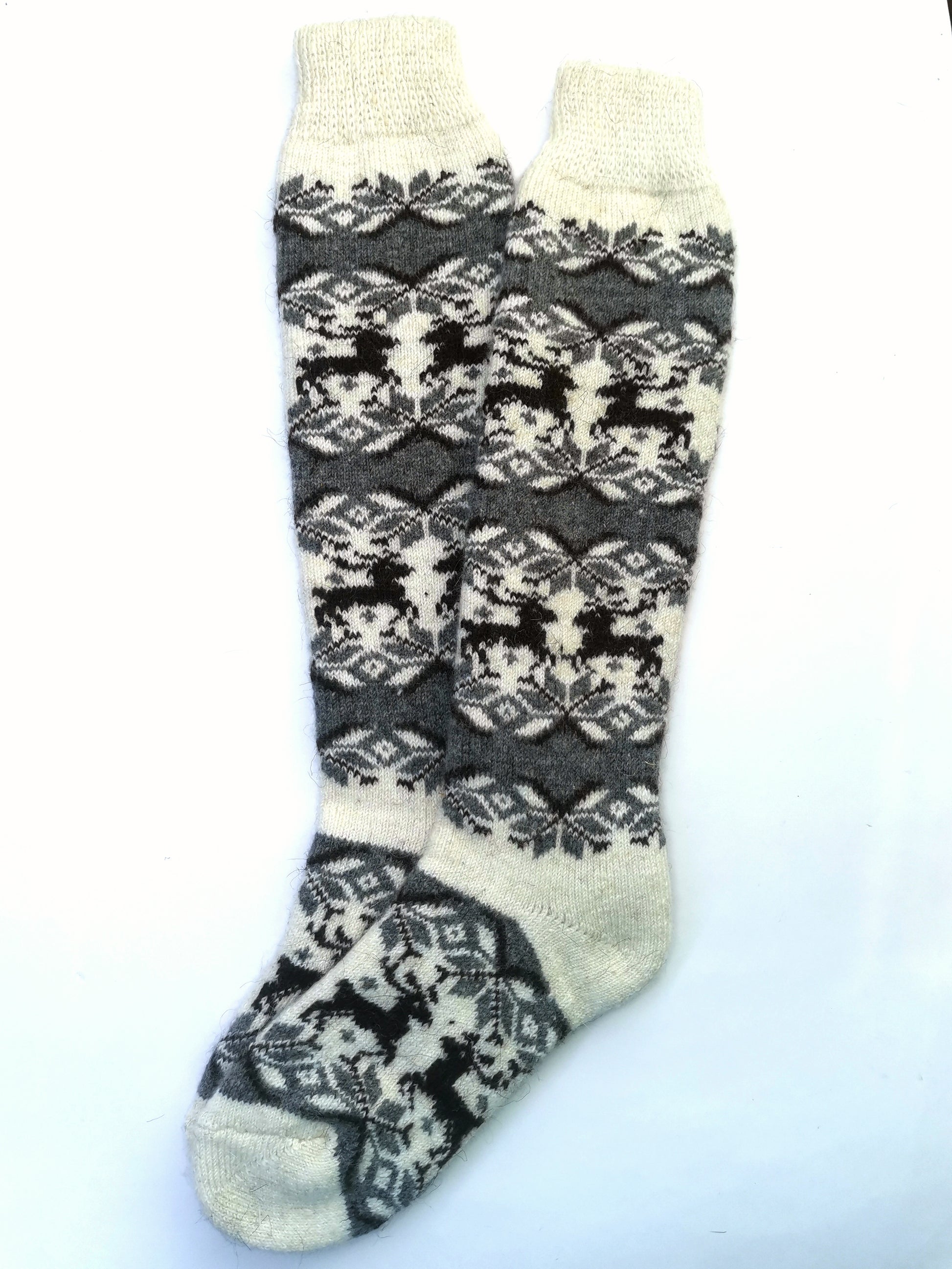 Deer & Diamond Wool Knee-High Socks, Cream