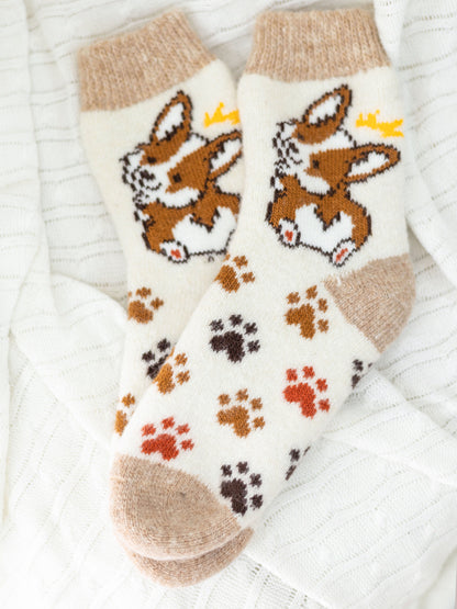Corgi Wool Socks, Cream