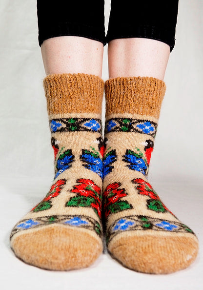 Bullfinch & Flowers Wool Socks, Tan