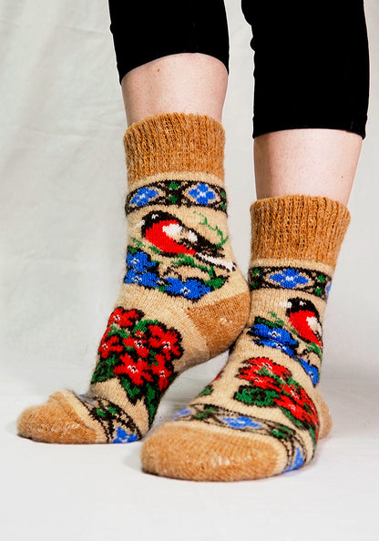 Bullfinch & Flowers Wool Socks, Tan