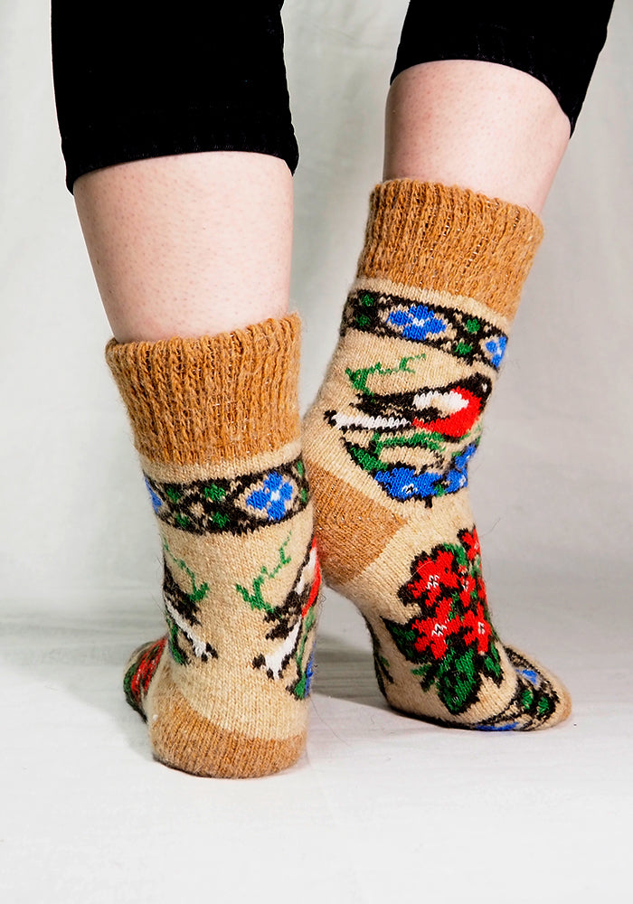 Bullfinch & Flowers Wool Socks, Tan