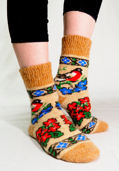 Bullfinch & Flowers Wool Socks, Tan