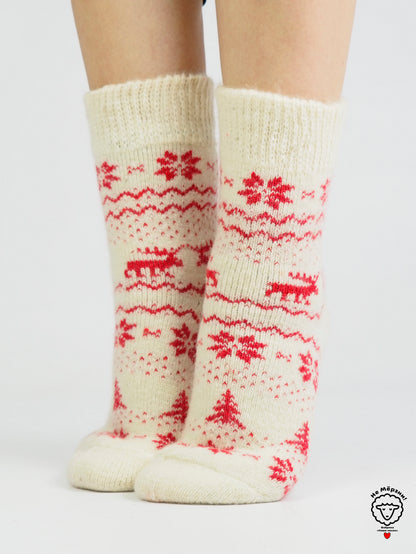 Tree & Snowflake Wool Socks, White