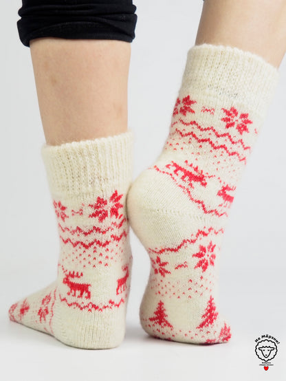 Tree & Snowflake Wool Socks, White