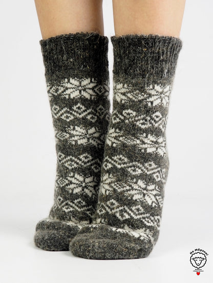 Snowflake Wool Socks, Dark Grey