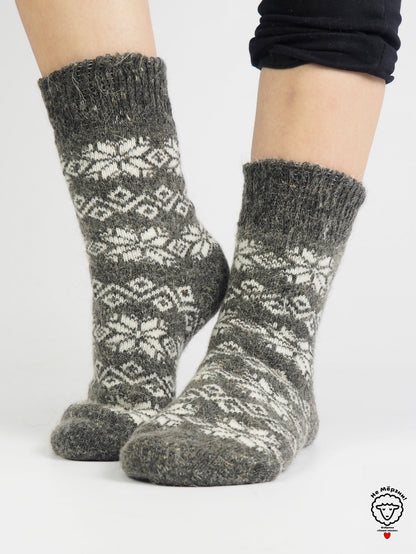 Snowflake Wool Socks, Dark Grey