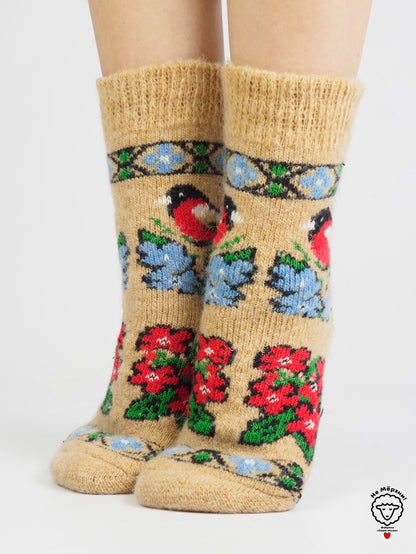 Bullfinch & Flowers Wool Socks, Tan